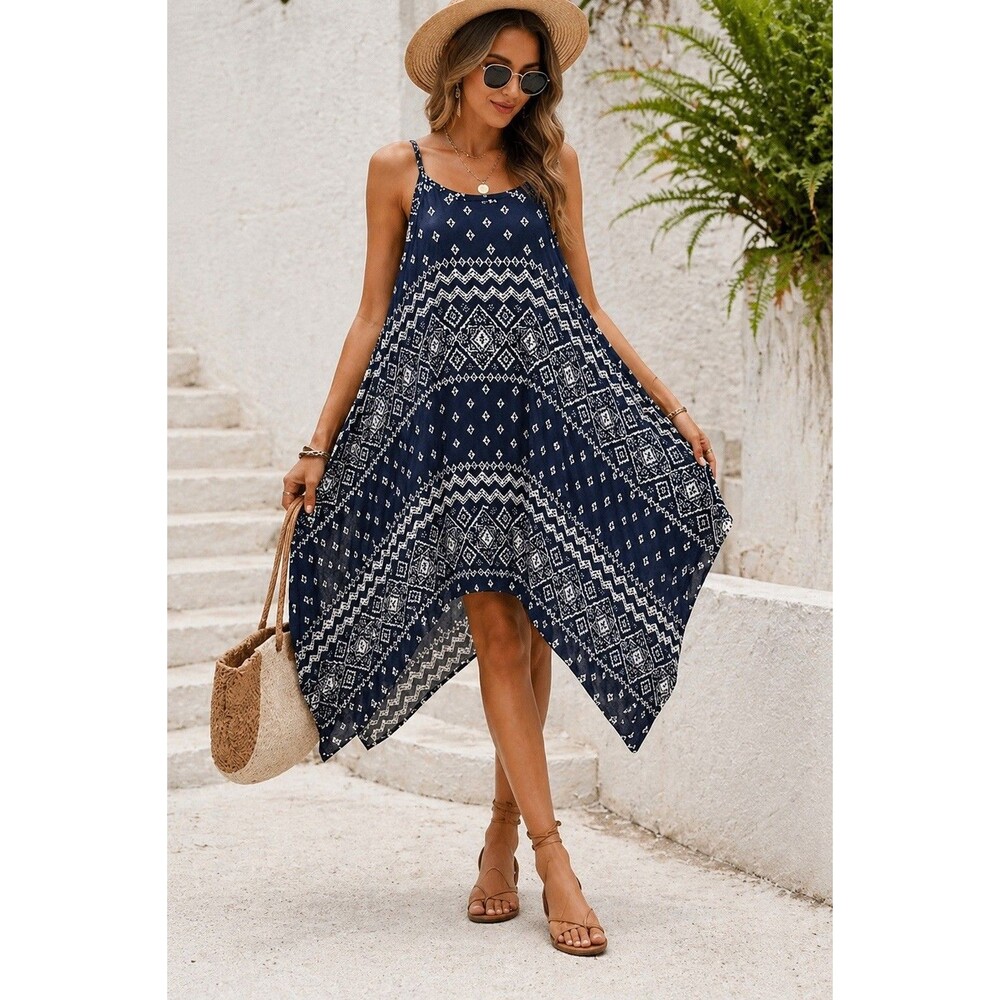 Lilyful Boho Tunic Dress Women S Blue White Print Flowy Batwing - Picture 1 of 10
